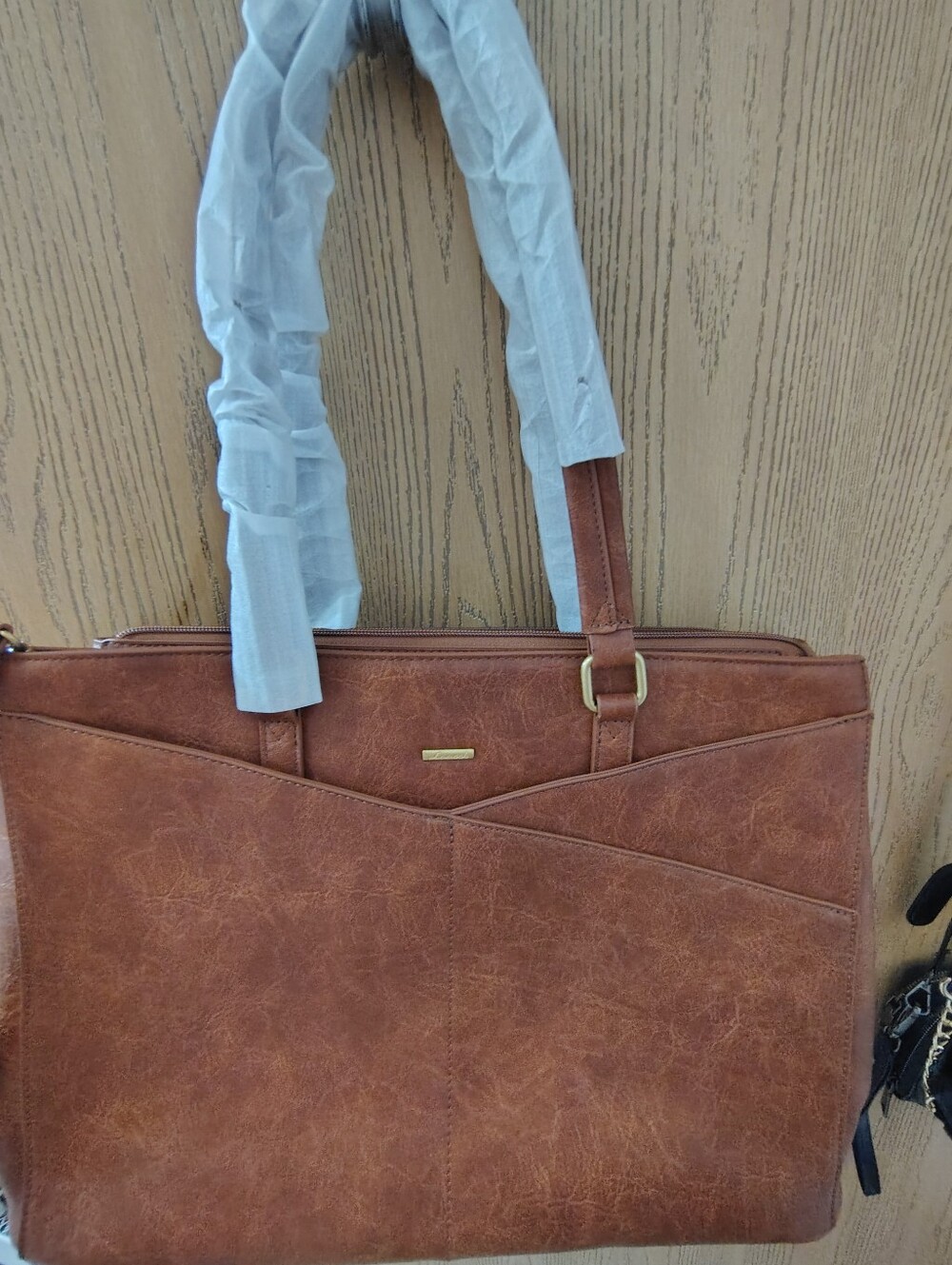 Lovevook-Structured Brown Faux Leather Tote with Top Zip